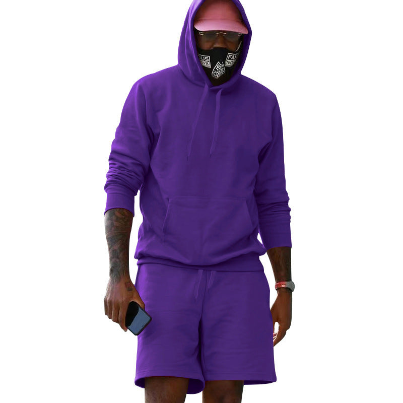 Mens Fleece-Lined Hoodie And Shorts Two-Piece Set