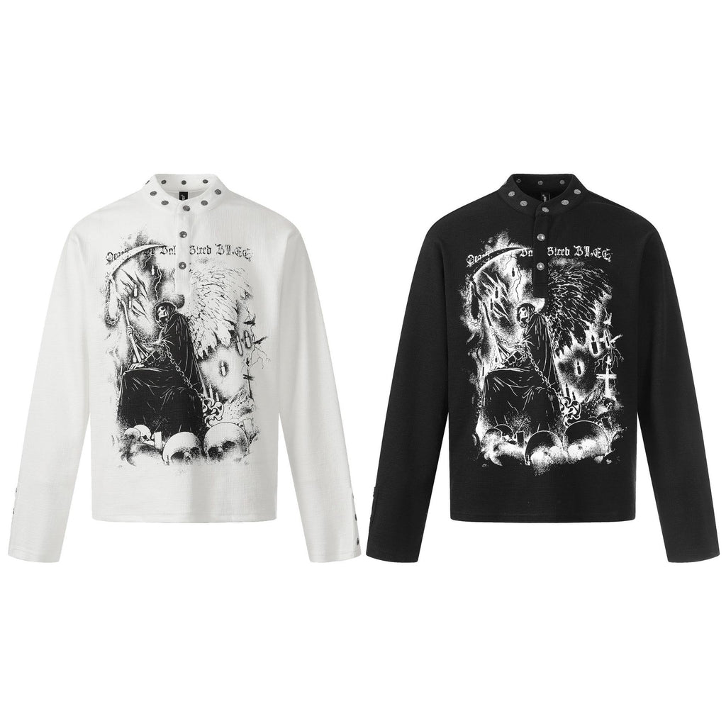 New American-style Retro Dark-themed Trendy Printed Mens Long-sleeve Shirt