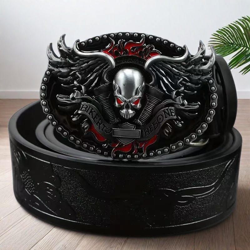 Men's alloy buckle leather belt with vintage embossed Japanese design