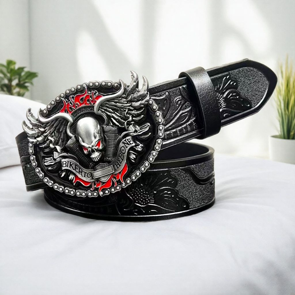 Men's alloy buckle leather belt with vintage embossed Japanese design