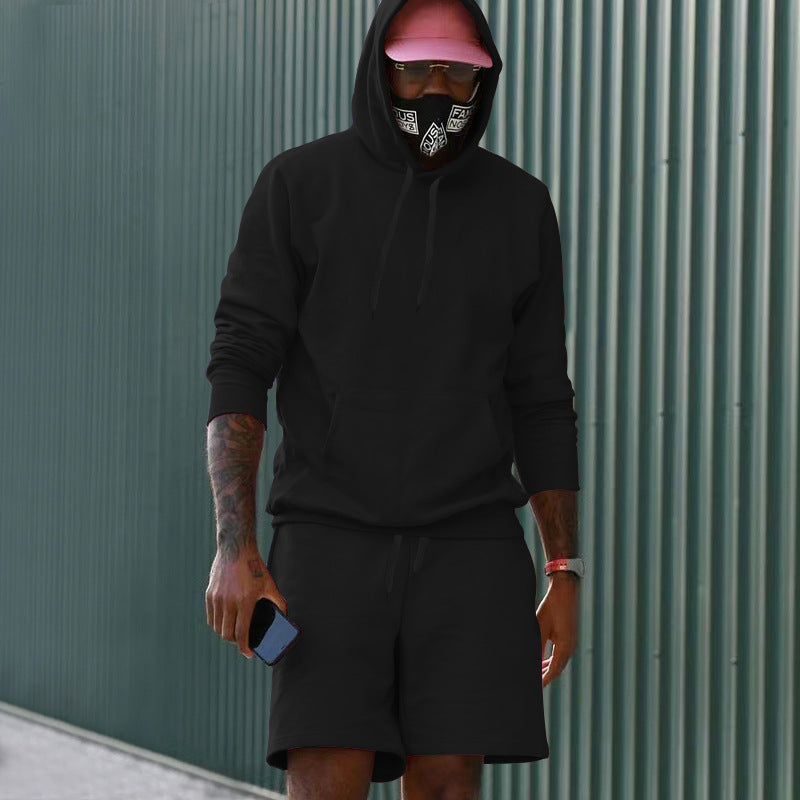 Mens Fleece-Lined Hoodie And Shorts Two-Piece Set