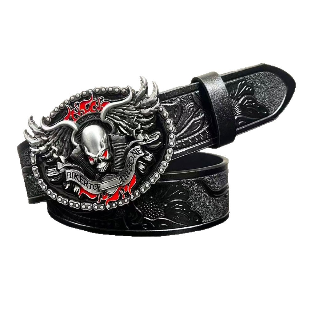 Men's alloy buckle leather belt with vintage embossed Japanese design