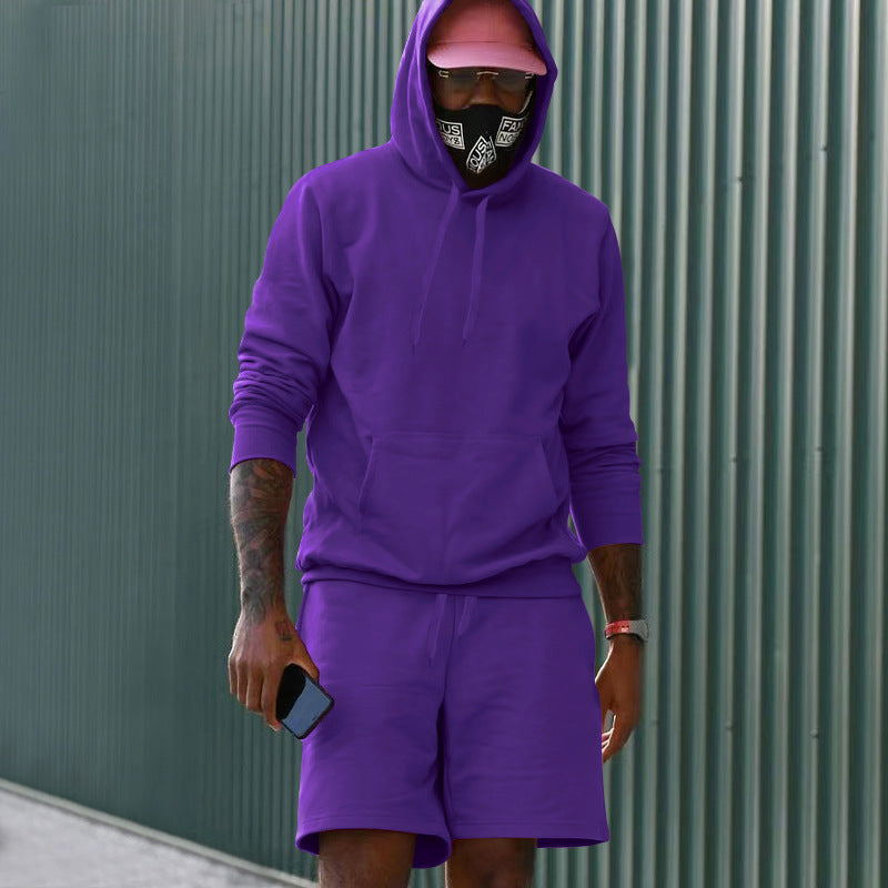 Mens Fleece-Lined Hoodie And Shorts Two-Piece Set