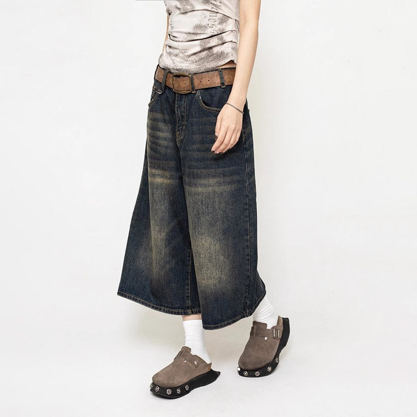 Women's American-style Retro Loose Cropped Denim Wide-leg Pants
