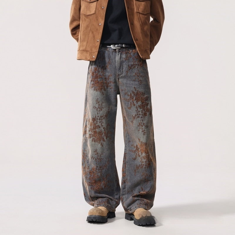 American-style Vintage Jacquard Flocking Embroidered Fleece-lined Jeans