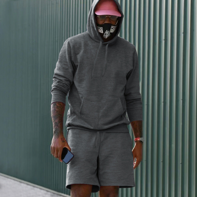 Mens Fleece-Lined Hoodie And Shorts Two-Piece Set