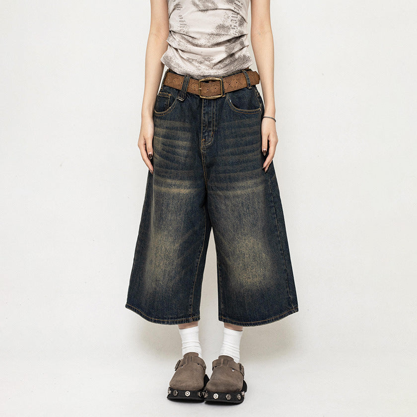 Women's American-style Retro Loose Cropped Denim Wide-leg Pants