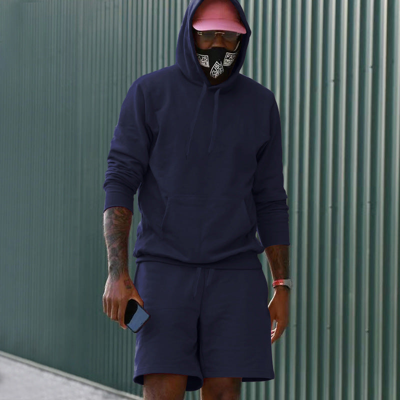 Mens Fleece-Lined Hoodie And Shorts Two-Piece Set