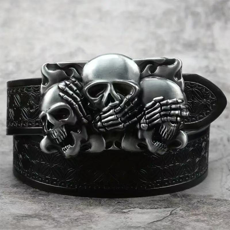 Men's alloy buckle leather belt with vintage embossed Japanese design