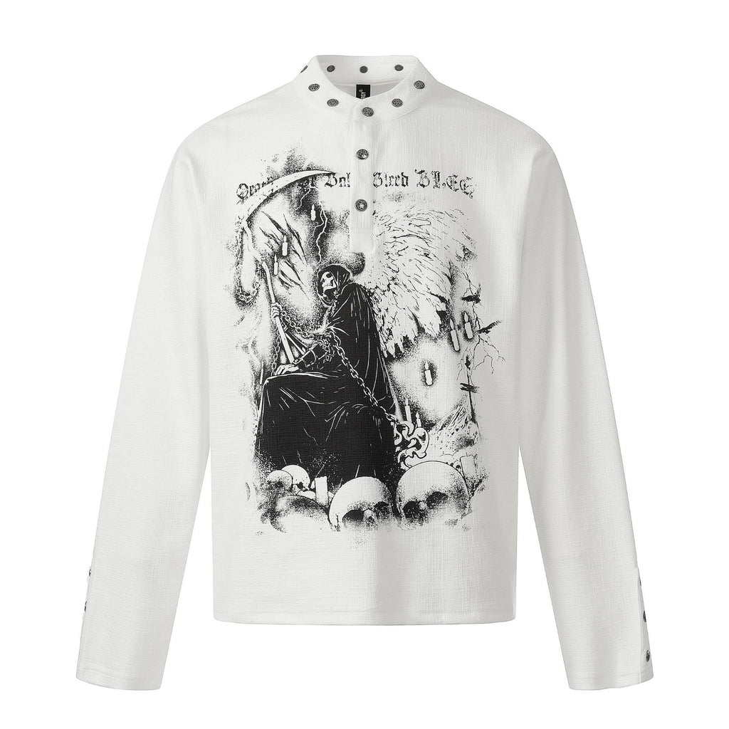 New American-style Retro Dark-themed Trendy Printed Mens Long-sleeve Shirt