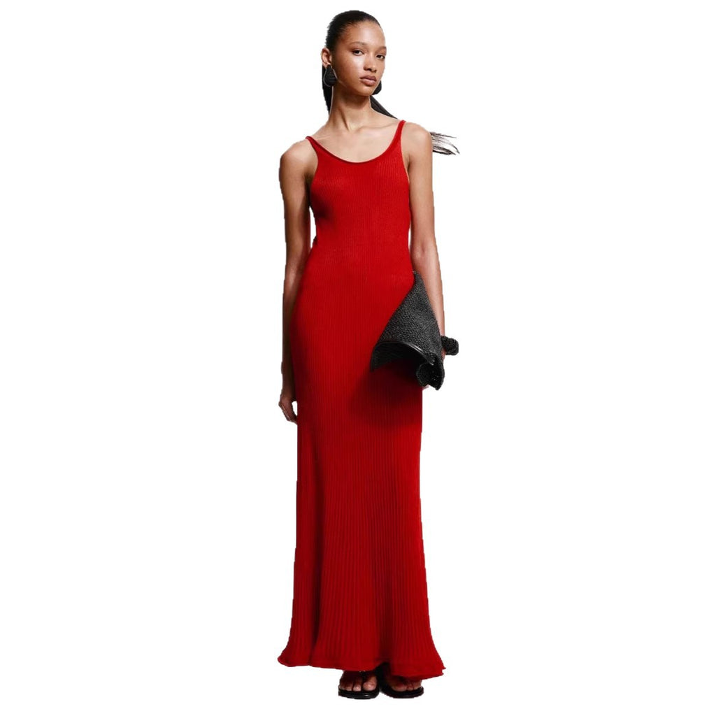 Long Sleeveless Ruffled Knit Dress