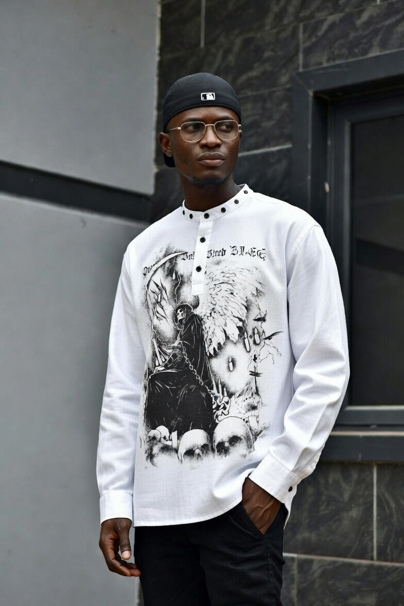 New American-style Retro Dark-themed Trendy Printed Mens Long-sleeve Shirt