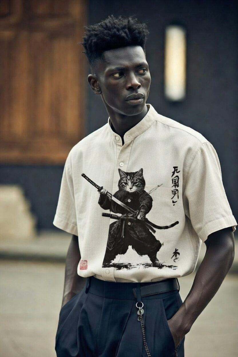 Mens Printed Short-Sleeve Stand-Up Collar Top