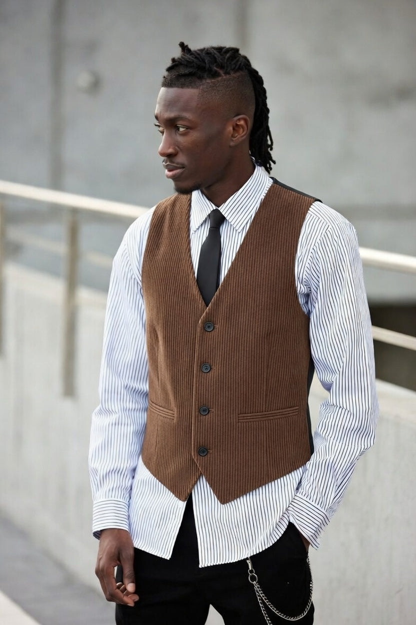 Mens Corduroy Vest With Patchwork Pockets And Outer Jacket