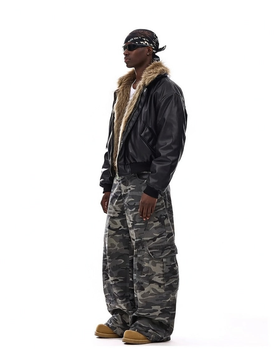 American-style Vintage Camouflage Machete-cut Jeans For Men