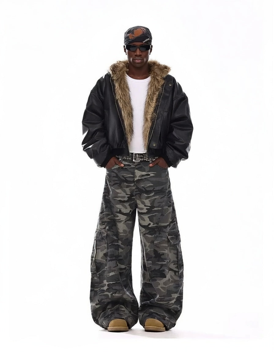 American-style Vintage Camouflage Machete-cut Jeans For Men
