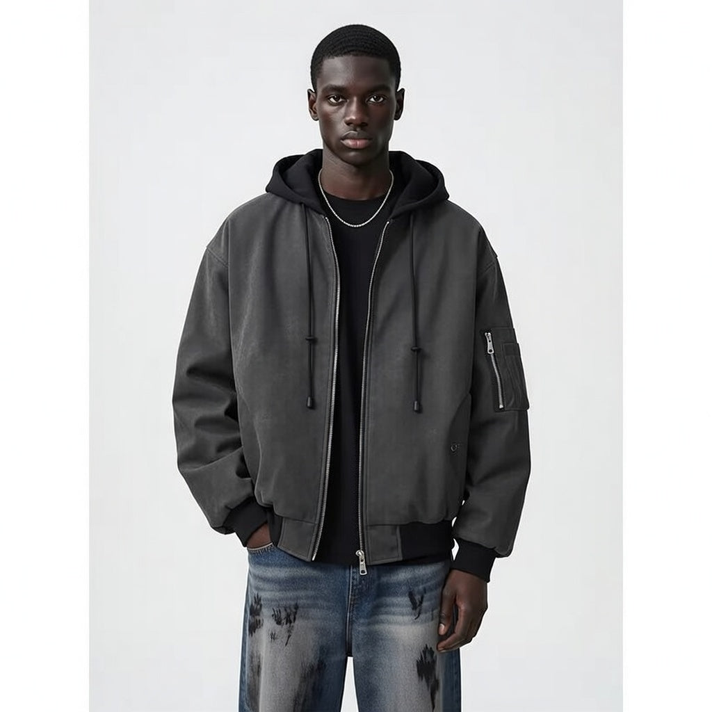 Mens Faux Two-piece Leather Jacket Cotton-padded Flight Jacket