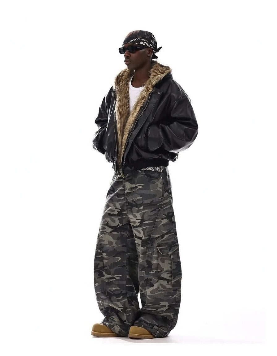 American-style Vintage Camouflage Machete-cut Jeans For Men