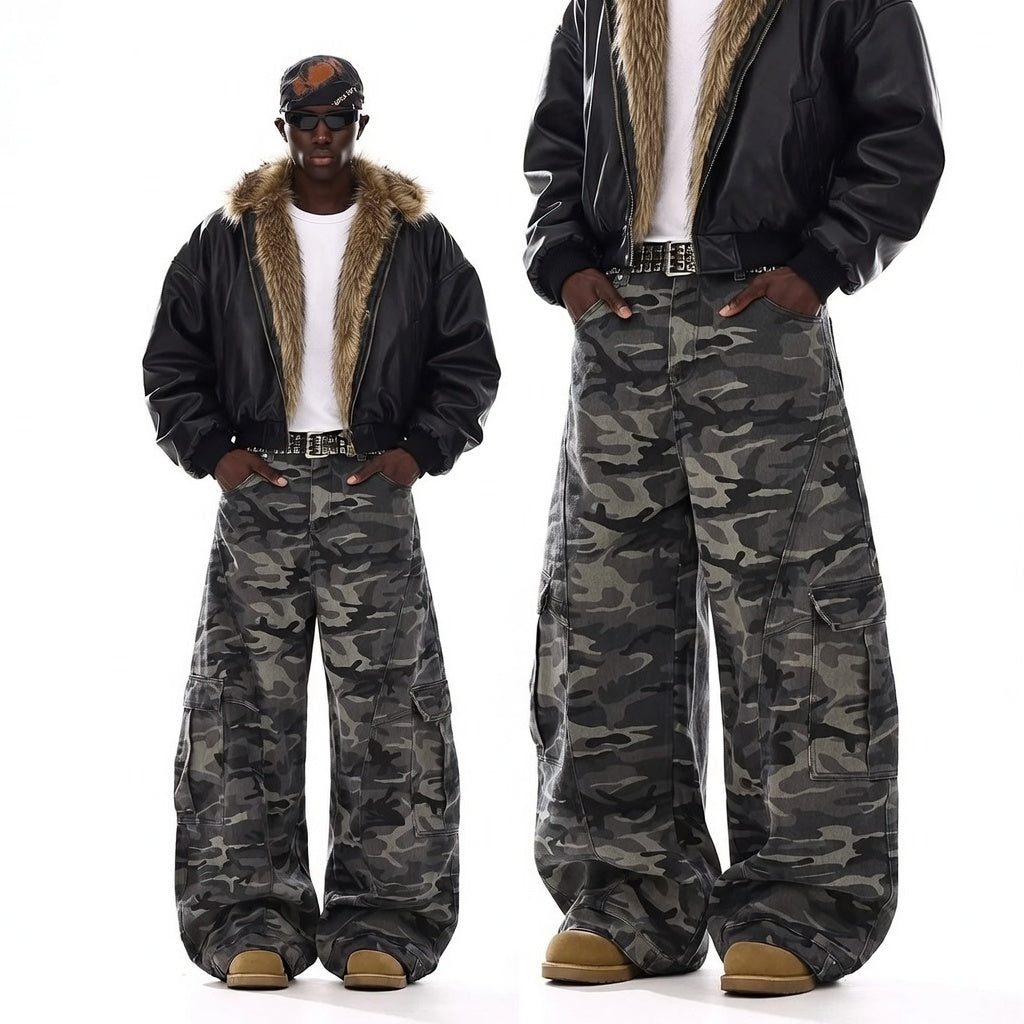 American-style Vintage Camouflage Machete-cut Jeans For Men